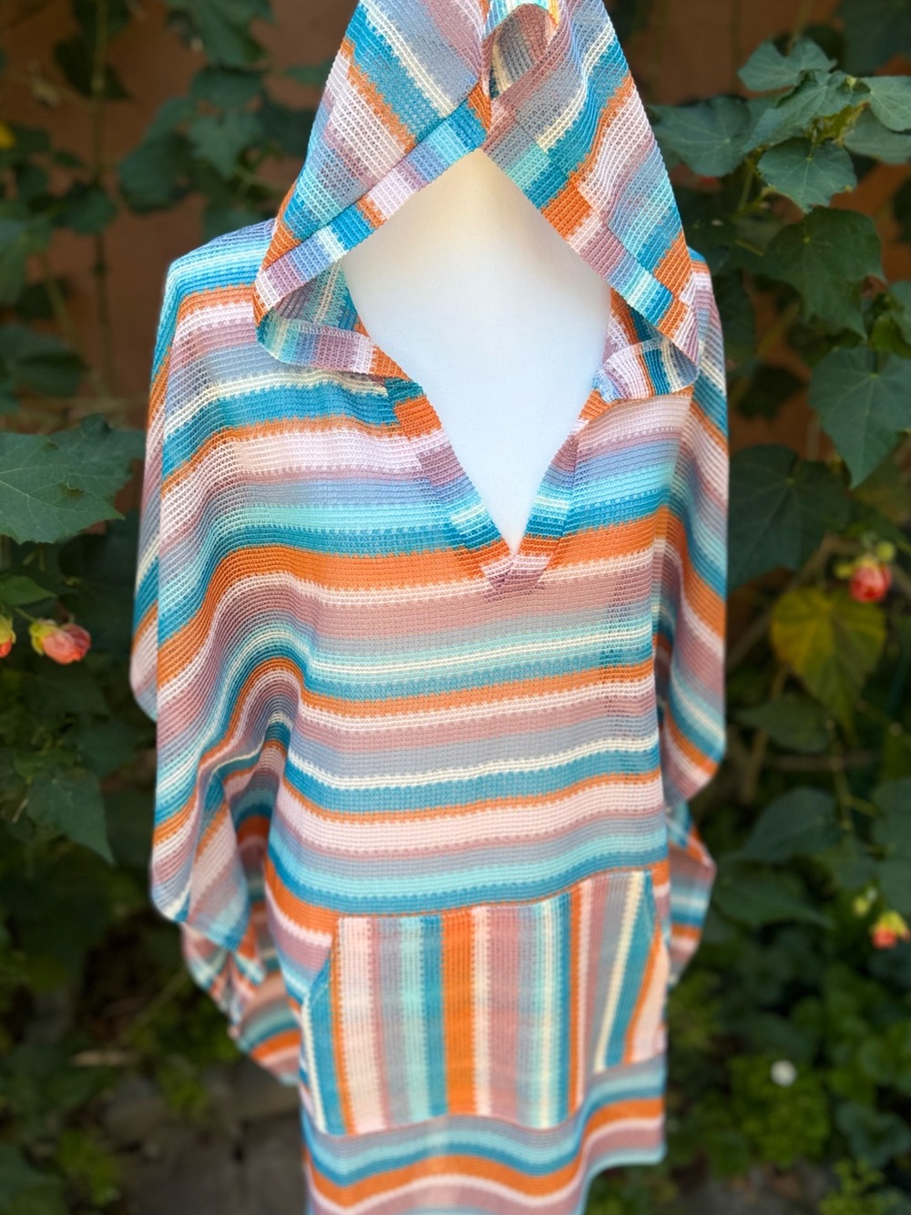 ROXY Salty Soul Poncho Beach Cover Up Hooded Orange, Teal & Pink size M / L